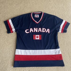 Canada Hockey Jersey Men M Navy Blue Striped Snowcap V Neck Pullover Shirt